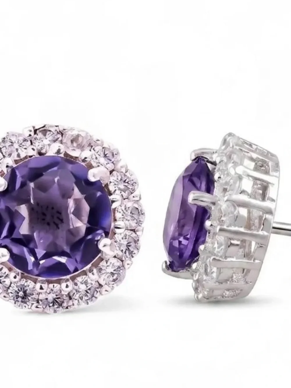 Amethyst Halo Crystal Silver Stud Earrings